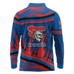Newcastle Knights Rugby Mascot Long Sleeve Polo Shirt Fierce Athlete Graphic in Sports Style