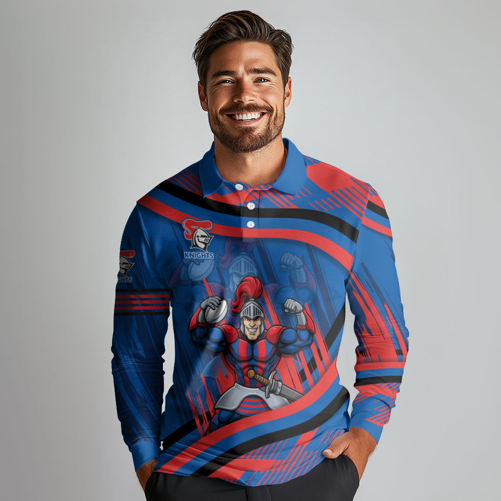 Newcastle Knights Rugby Mascot Long Sleeve Polo Shirt Fierce Athlete Graphic in Sports Style