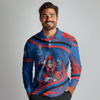Newcastle Knights Rugby Mascot Long Sleeve Polo Shirt Fierce Athlete Graphic in Sports Style