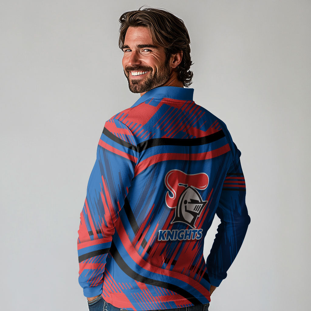 Newcastle Knights Rugby Mascot Long Sleeve Polo Shirt Fierce Athlete Graphic in Sports Style
