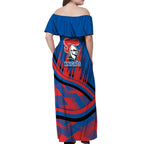 Newcastle Knights Rugby Mascot Off Shoulder Maxi Dress Fierce Athlete Graphic in Sports Style