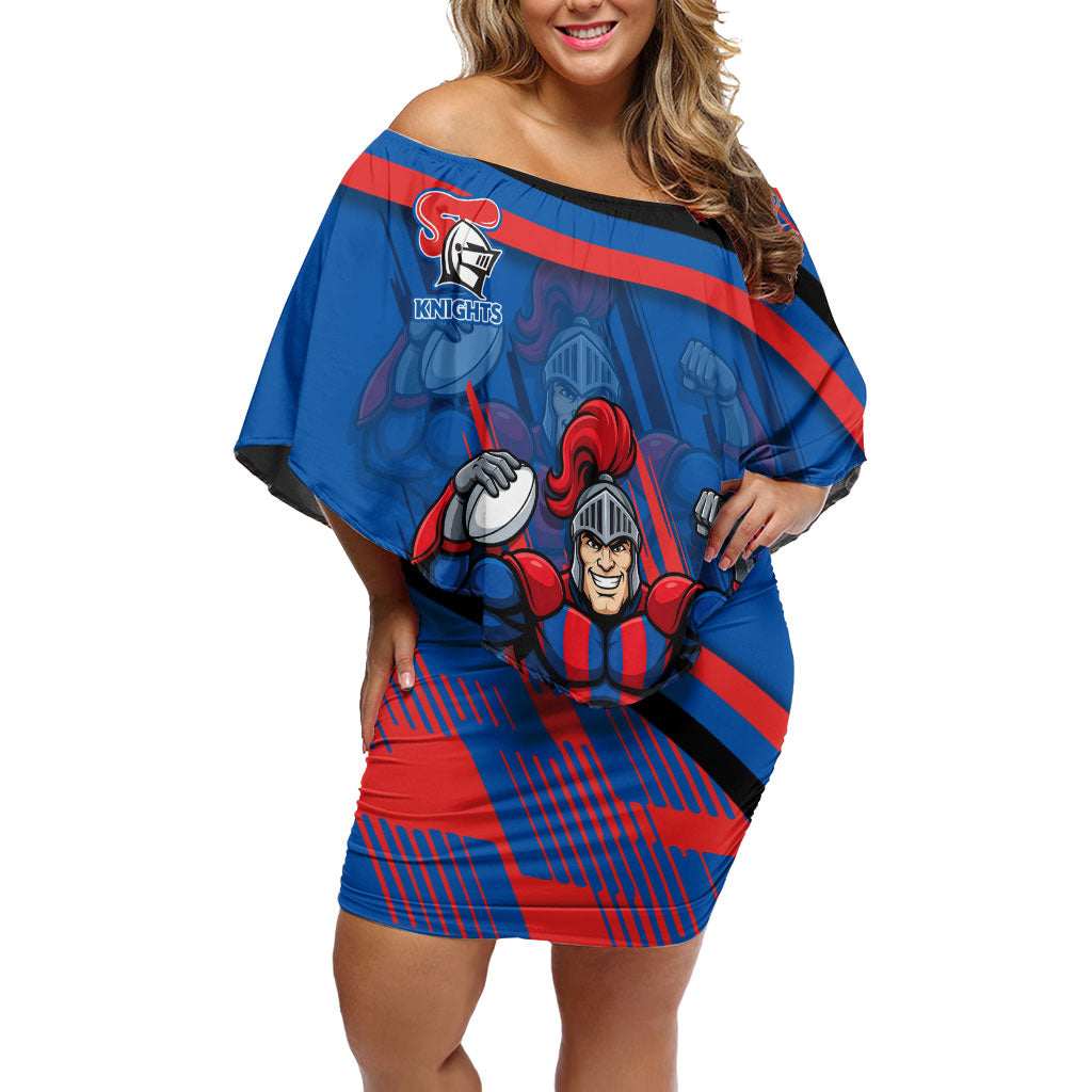 Newcastle Knights Rugby Mascot Off Shoulder Short Dress Fierce Athlete Graphic in Sports Style