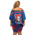 Newcastle Knights Rugby Mascot Off Shoulder Short Dress Fierce Athlete Graphic in Sports Style