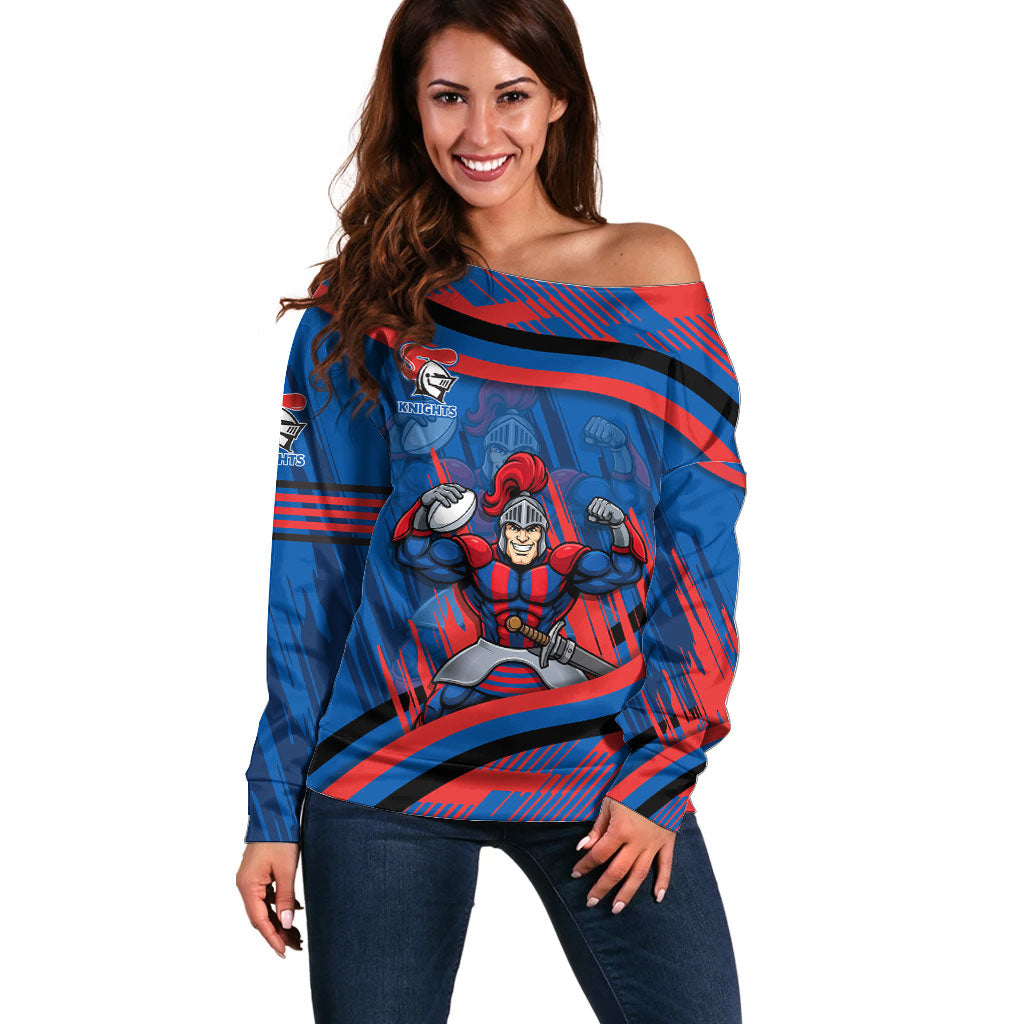 Newcastle Knights Rugby Mascot Off Shoulder Sweater Fierce Athlete Graphic in Sports Style