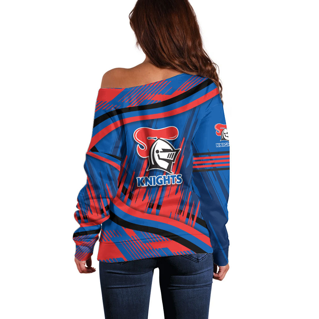 Newcastle Knights Rugby Mascot Off Shoulder Sweater Fierce Athlete Graphic in Sports Style