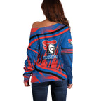 Newcastle Knights Rugby Mascot Off Shoulder Sweater Fierce Athlete Graphic in Sports Style