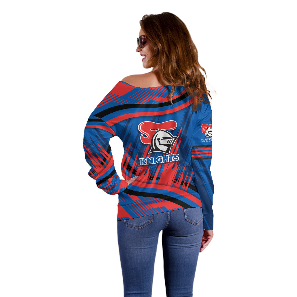 Newcastle Knights Rugby Mascot Off Shoulder Sweater Fierce Athlete Graphic in Sports Style