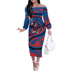 Newcastle Knights Rugby Mascot Off The Shoulder Long Sleeve Dress Fierce Athlete Graphic in Sports Style