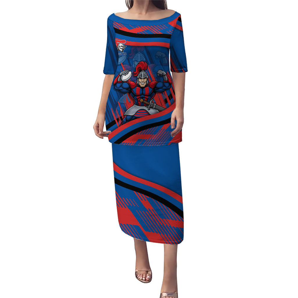 Newcastle Knights Rugby Mascot Puletasi Fierce Athlete Graphic in Sports Style