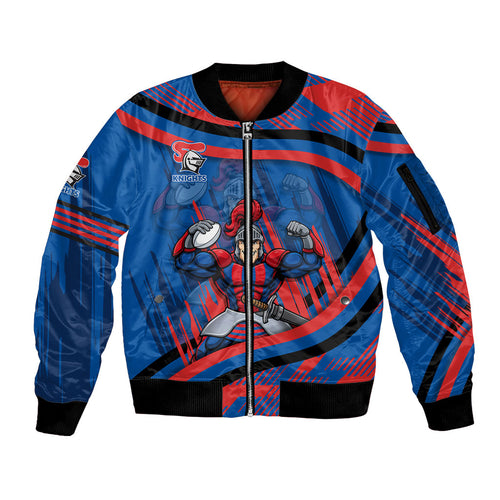 Newcastle Knights Rugby Mascot Sleeve Zip Bomber Jacket Fierce Athlete Graphic in Sports Style