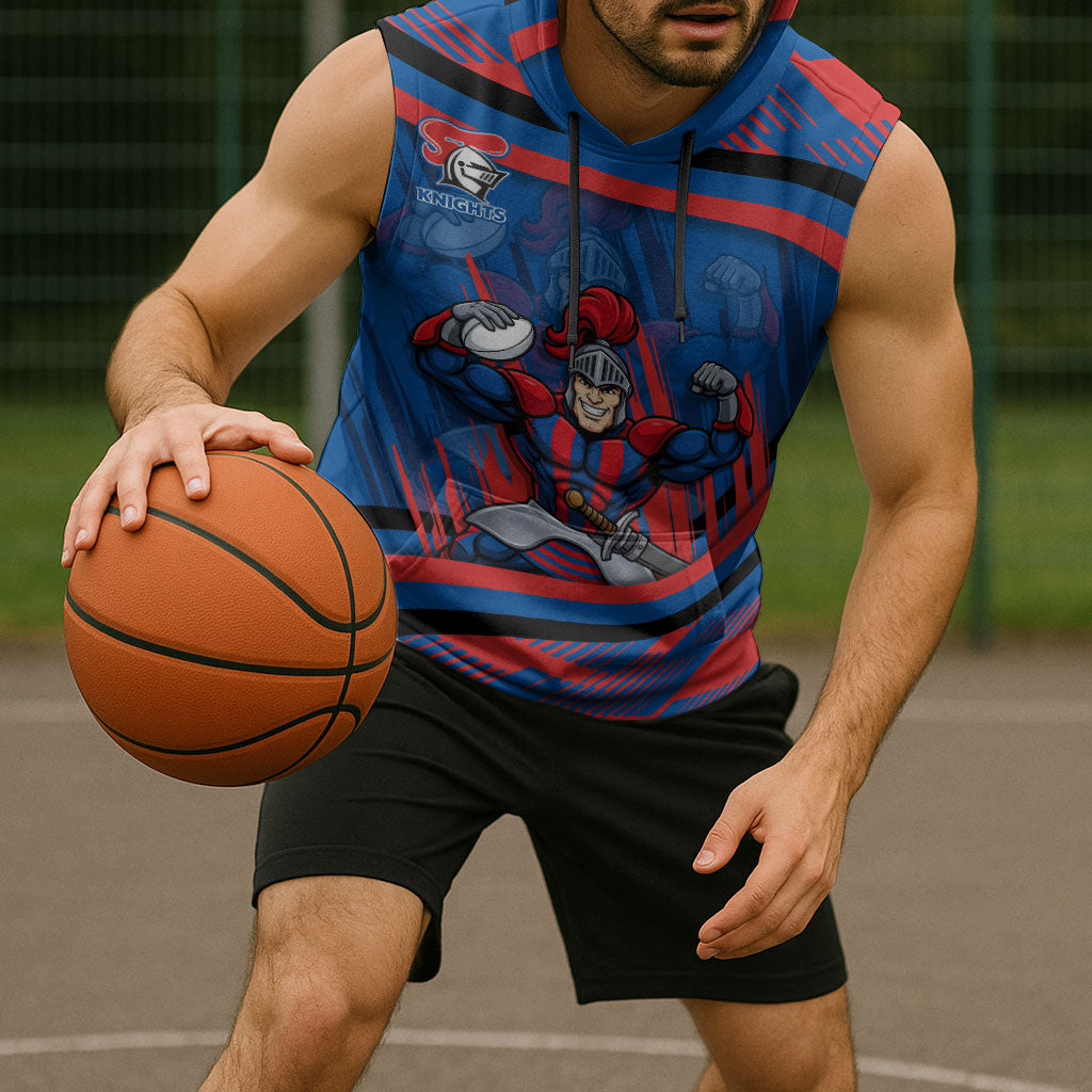 Newcastle Knights Rugby Mascot Sleeveless Hoodie Fierce Athlete Graphic in Sports Style