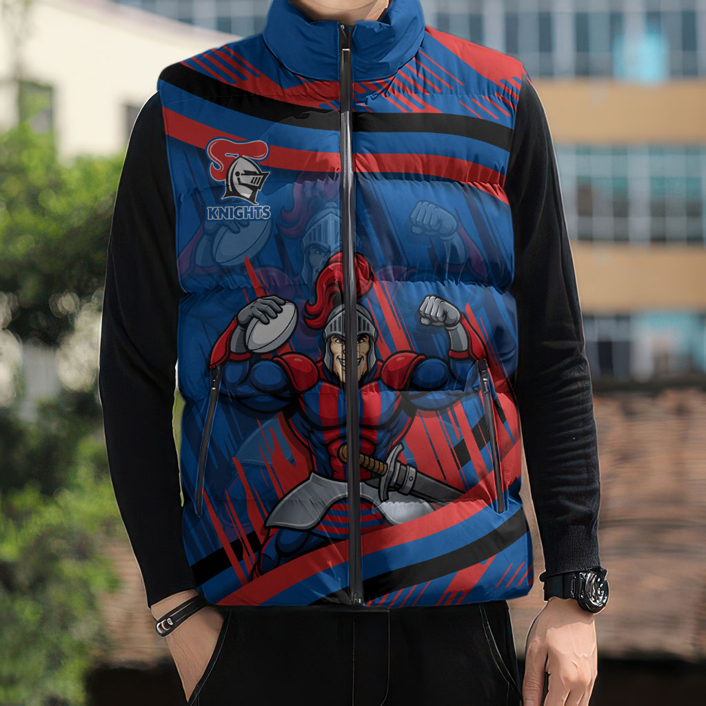 Newcastle Knights Rugby Mascot Sleeveless Puffer Jacket Fierce Athlete Graphic in Sports Style