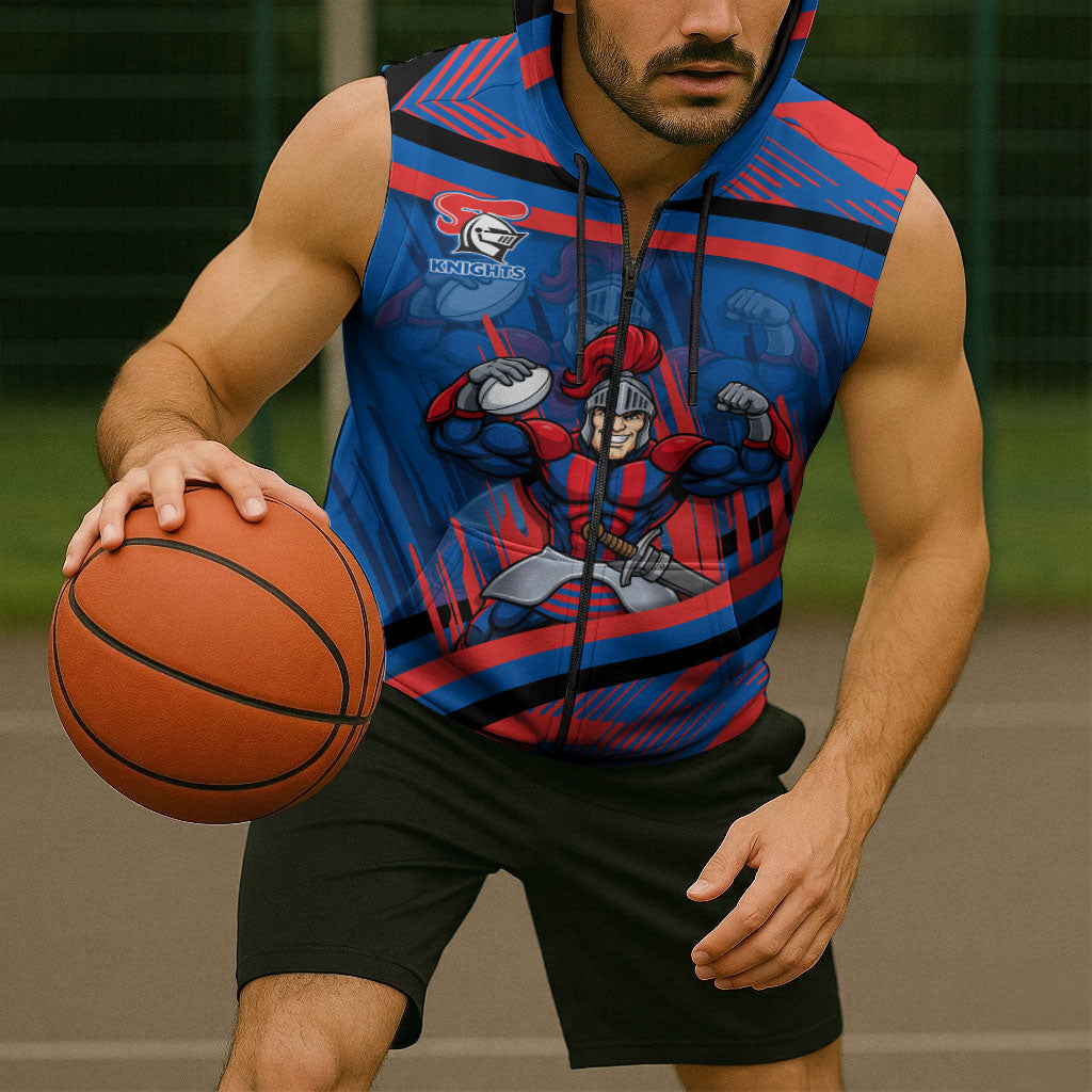 Newcastle Knights Rugby Mascot Sleeveless Zip Hoodie Fierce Athlete Graphic in Sports Style