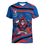 Newcastle Knights Rugby Mascot Women V-Neck T-Shirt Fierce Athlete Graphic in Sports Style