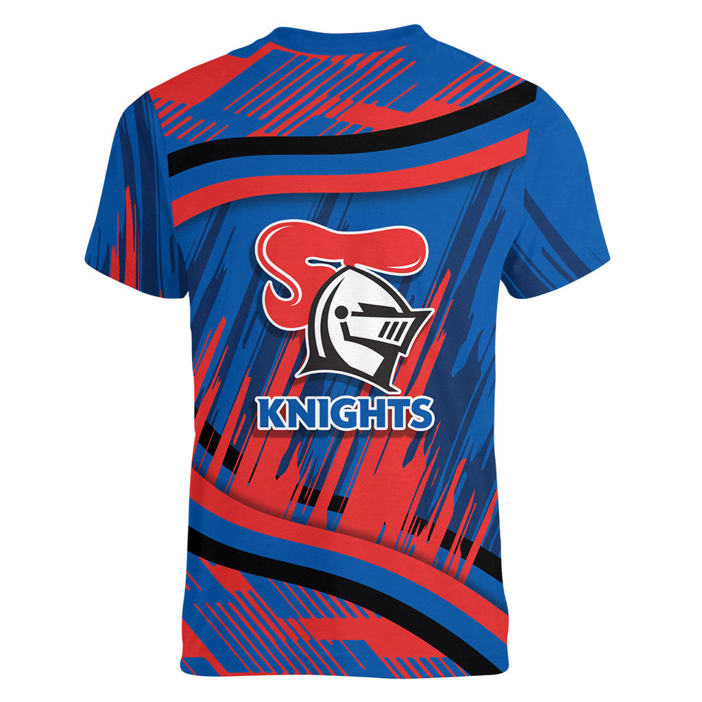 Newcastle Knights Rugby Mascot Women V-Neck T-Shirt Fierce Athlete Graphic in Sports Style
