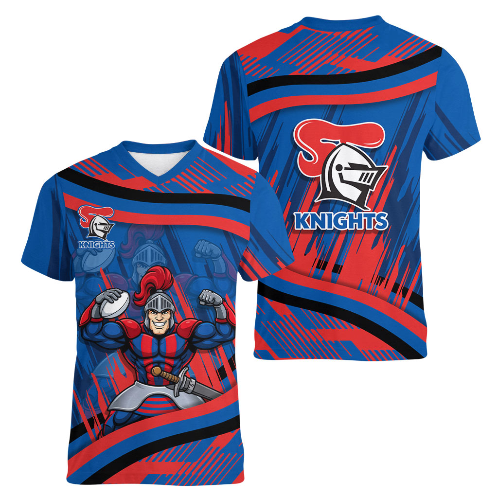 Newcastle Knights Rugby Mascot Women V-Neck T-Shirt Fierce Athlete Graphic in Sports Style