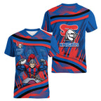 Newcastle Knights Rugby Mascot Women V-Neck T-Shirt Fierce Athlete Graphic in Sports Style