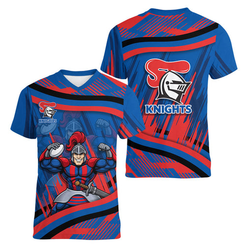 Newcastle Knights Rugby Mascot Women V-Neck T-Shirt Fierce Athlete Graphic in Sports Style