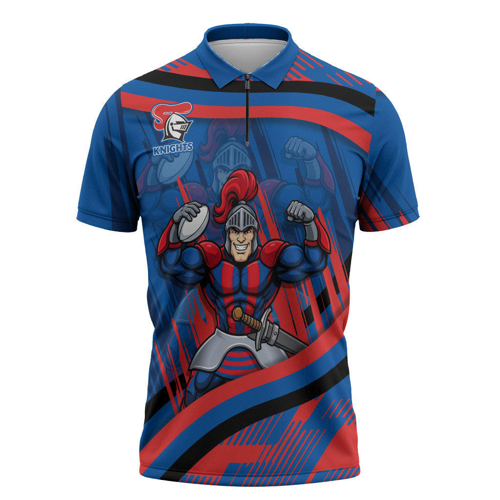 Newcastle Knights Rugby Mascot Zipper Polo Shirt Fierce Athlete Graphic in Sports Style