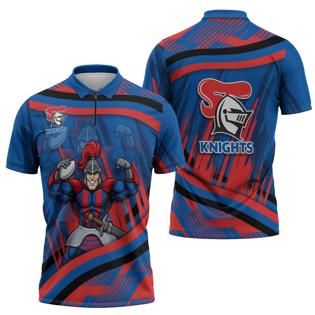Newcastle Knights Rugby Mascot Zipper Polo Shirt Fierce Athlete Graphic in Sports Style