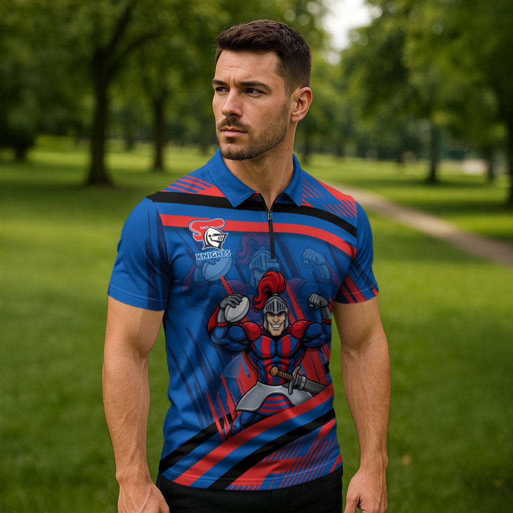 Newcastle Knights Rugby Mascot Zipper Polo Shirt Fierce Athlete Graphic in Sports Style