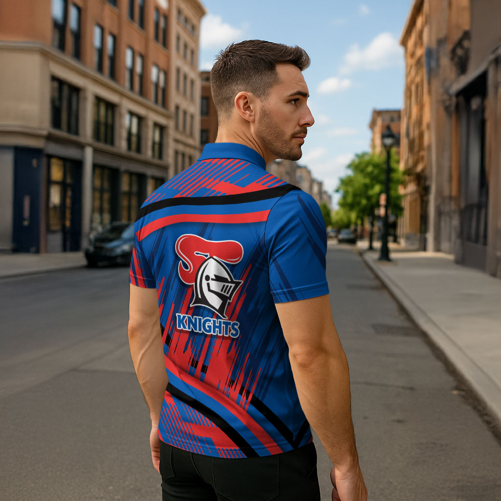 Newcastle Knights Rugby Mascot Zipper Polo Shirt Fierce Athlete Graphic in Sports Style