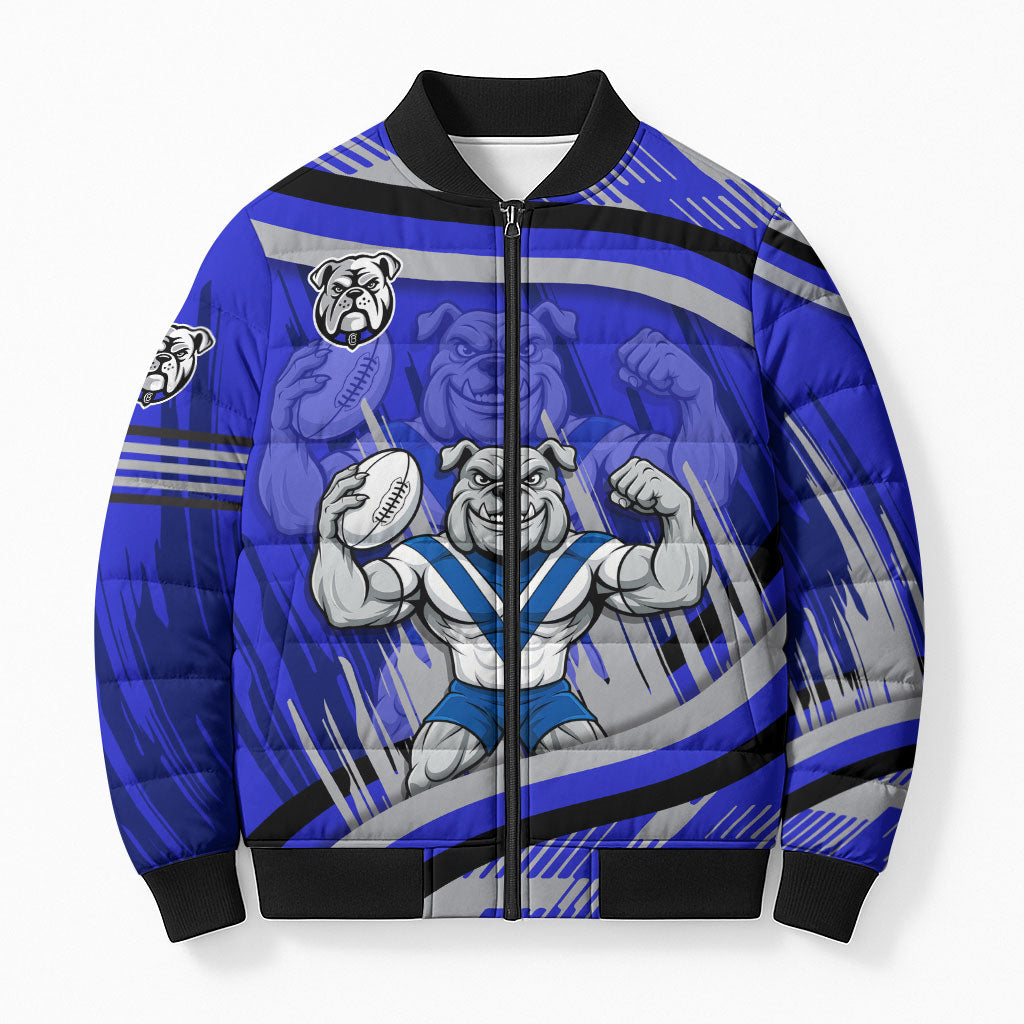 Bulldogs Rugby Mascot Bomber Puffer Jacket Fierce Athlete Graphic in Sports Style