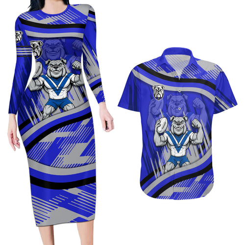 Bulldogs Rugby Mascot Couples Matching Long Sleeve Bodycon Dress and Hawaiian Shirt Fierce Athlete Graphic in Sports Style