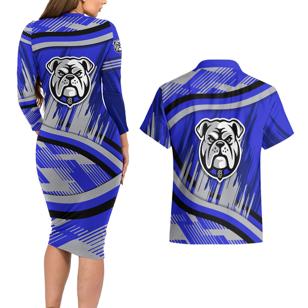 Bulldogs Rugby Mascot Couples Matching Long Sleeve Bodycon Dress and Hawaiian Shirt Fierce Athlete Graphic in Sports Style