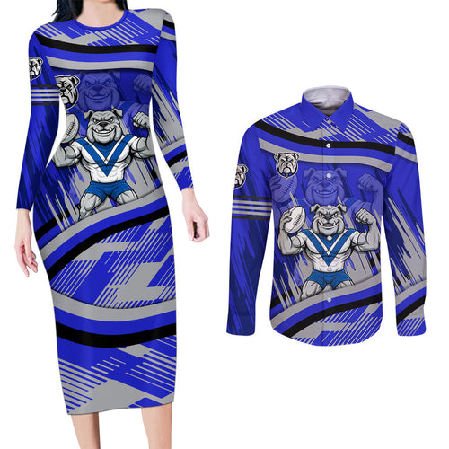 Bulldogs Rugby Mascot Couples Matching Long Sleeve Bodycon Dress and Long Sleeve Button Shirt Fierce Athlete Graphic in Sports Style