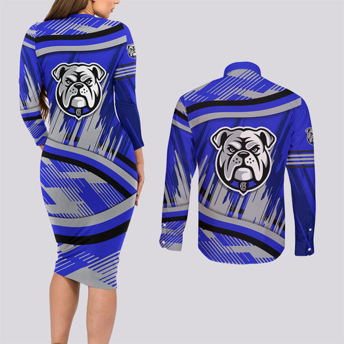 Bulldogs Rugby Mascot Couples Matching Long Sleeve Bodycon Dress and Long Sleeve Button Shirt Fierce Athlete Graphic in Sports Style