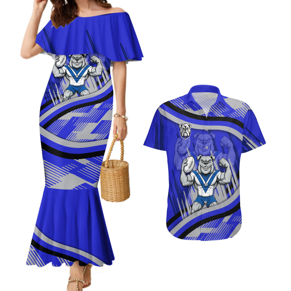 Bulldogs Rugby Mascot Couples Matching Mermaid Dress and Hawaiian Shirt Fierce Athlete Graphic in Sports Style