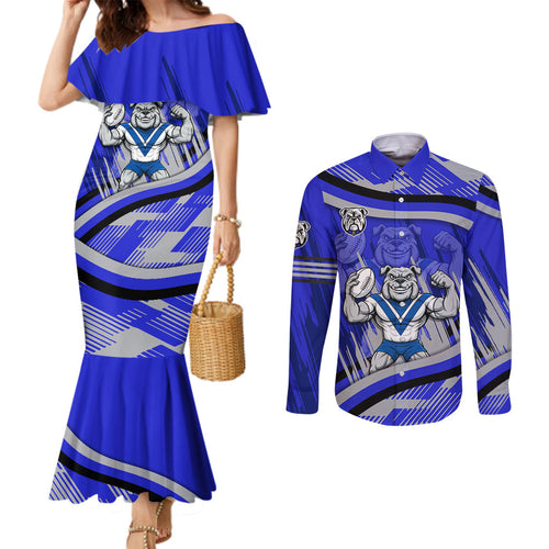 Bulldogs Rugby Mascot Couples Matching Mermaid Dress and Long Sleeve Button Shirt Fierce Athlete Graphic in Sports Style