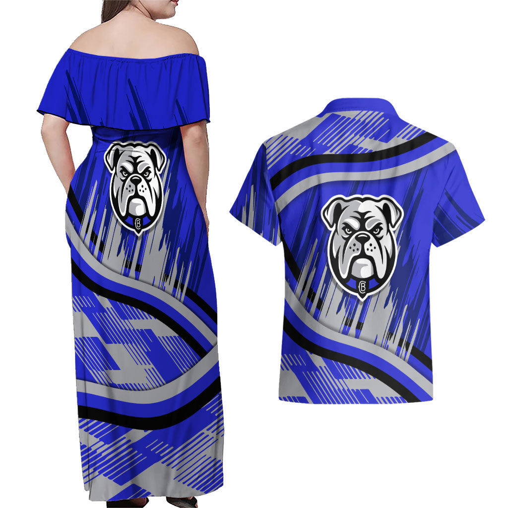 Bulldogs Rugby Mascot Couples Matching Off Shoulder Maxi Dress and Hawaiian Shirt Fierce Athlete Graphic in Sports Style
