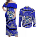 Bulldogs Rugby Mascot Couples Matching Off Shoulder Maxi Dress and Long Sleeve Button Shirt Fierce Athlete Graphic in Sports Style