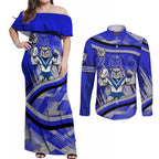 Bulldogs Rugby Mascot Couples Matching Off Shoulder Maxi Dress and Long Sleeve Button Shirt Fierce Athlete Graphic in Sports Style