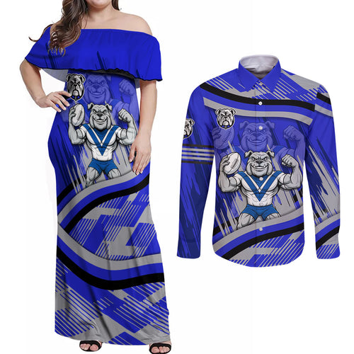 Bulldogs Rugby Mascot Couples Matching Off Shoulder Maxi Dress and Long Sleeve Button Shirt Fierce Athlete Graphic in Sports Style