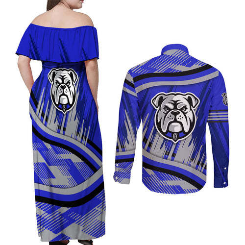 Bulldogs Rugby Mascot Couples Matching Off Shoulder Maxi Dress and Long Sleeve Button Shirt Fierce Athlete Graphic in Sports Style
