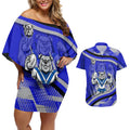 Bulldogs Rugby Mascot Couples Matching Off Shoulder Short Dress and Hawaiian Shirt Fierce Athlete Graphic in Sports Style