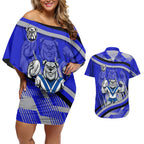 Bulldogs Rugby Mascot Couples Matching Off Shoulder Short Dress and Hawaiian Shirt Fierce Athlete Graphic in Sports Style