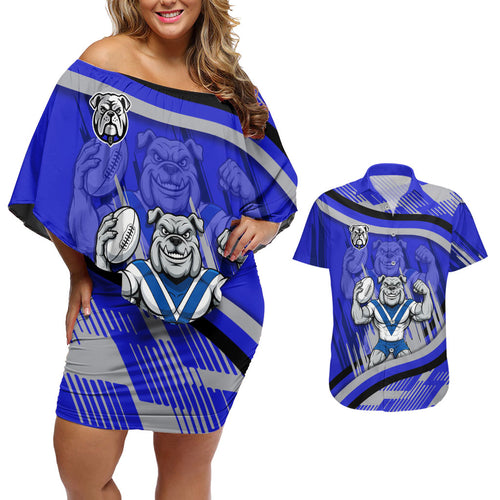 Bulldogs Rugby Mascot Couples Matching Off Shoulder Short Dress and Hawaiian Shirt Fierce Athlete Graphic in Sports Style