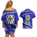 Bulldogs Rugby Mascot Couples Matching Off Shoulder Short Dress and Hawaiian Shirt Fierce Athlete Graphic in Sports Style