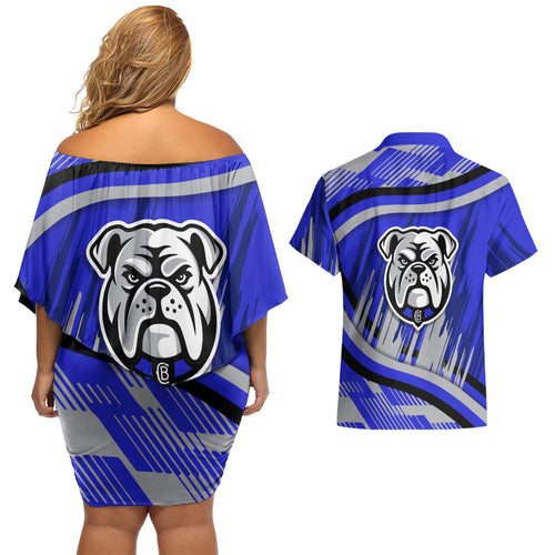 Bulldogs Rugby Mascot Couples Matching Off Shoulder Short Dress and Hawaiian Shirt Fierce Athlete Graphic in Sports Style