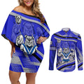 Bulldogs Rugby Mascot Couples Matching Off Shoulder Short Dress and Long Sleeve Button Shirt Fierce Athlete Graphic in Sports Style