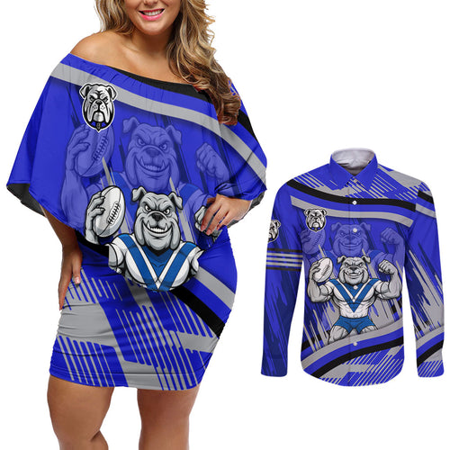 Bulldogs Rugby Mascot Couples Matching Off Shoulder Short Dress and Long Sleeve Button Shirt Fierce Athlete Graphic in Sports Style