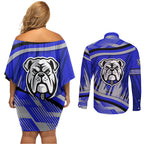 Bulldogs Rugby Mascot Couples Matching Off Shoulder Short Dress and Long Sleeve Button Shirt Fierce Athlete Graphic in Sports Style