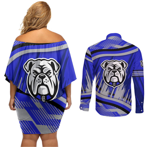 Bulldogs Rugby Mascot Couples Matching Off Shoulder Short Dress and Long Sleeve Button Shirt Fierce Athlete Graphic in Sports Style
