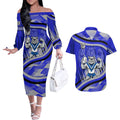 Bulldogs Rugby Mascot Couples Matching Off The Shoulder Long Sleeve Dress and Hawaiian Shirt Fierce Athlete Graphic in Sports Style