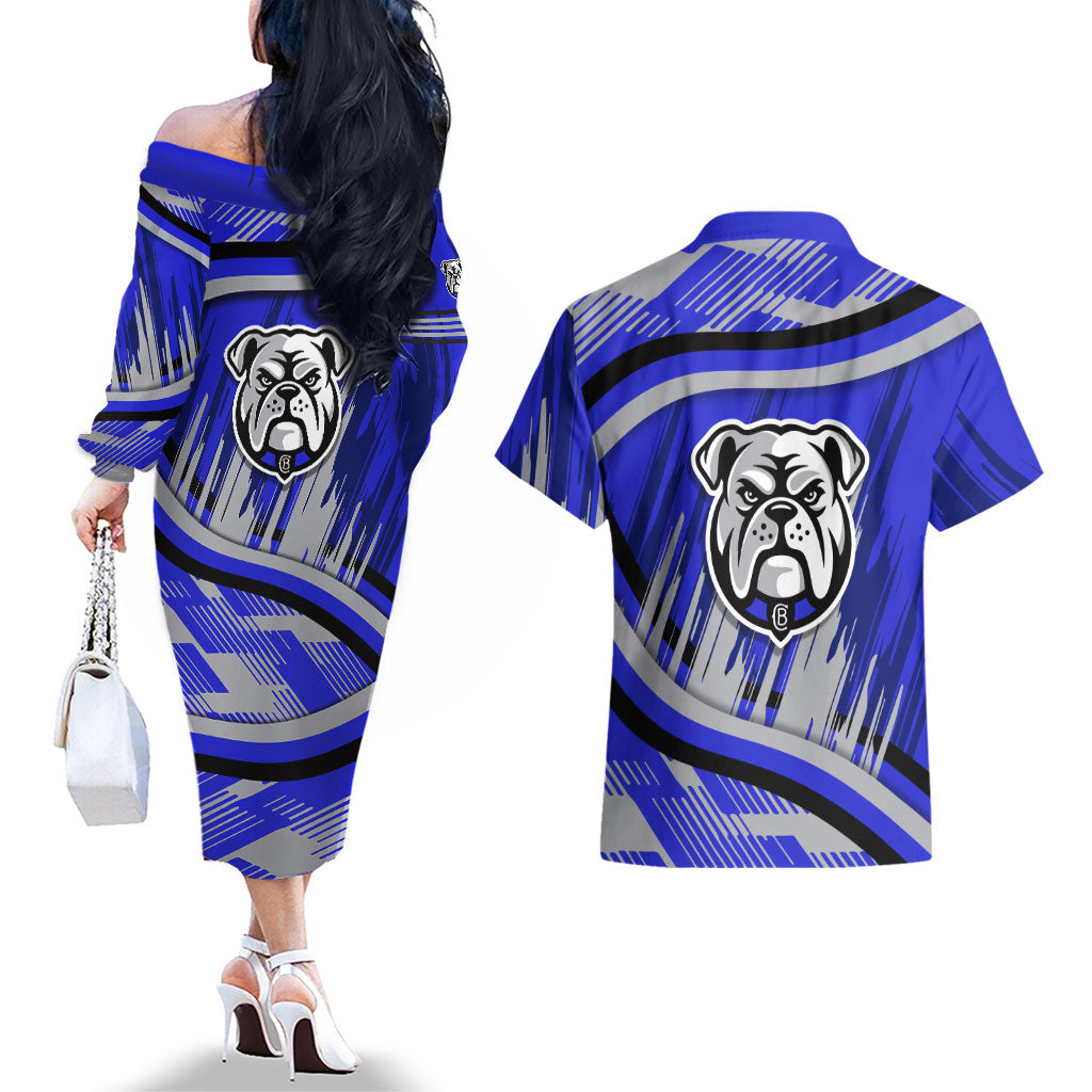 Bulldogs Rugby Mascot Couples Matching Off The Shoulder Long Sleeve Dress and Hawaiian Shirt Fierce Athlete Graphic in Sports Style