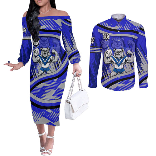 Bulldogs Rugby Mascot Couples Matching Off The Shoulder Long Sleeve Dress and Long Sleeve Button Shirt Fierce Athlete Graphic in Sports Style